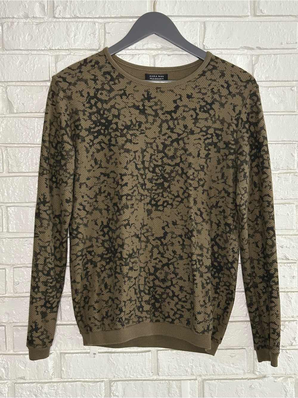 Zara Man Olive Green Patterned Crewneck Sweater M